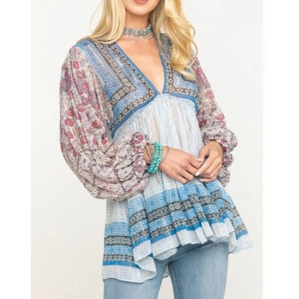 FREE PEOPLE ALIYAH PRINTED TUNIC BOHO BLOUSE IN BLUE/MULTI SZ S METALLIC THREAD